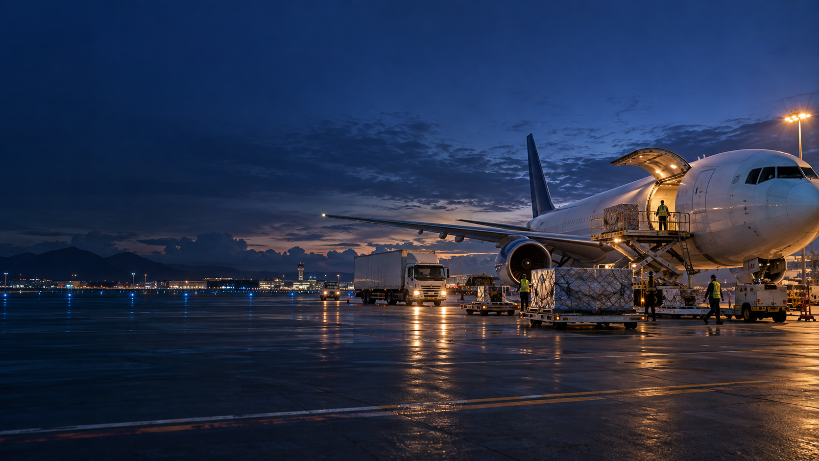 Cargo aircraft and ground logistics operations at dusk